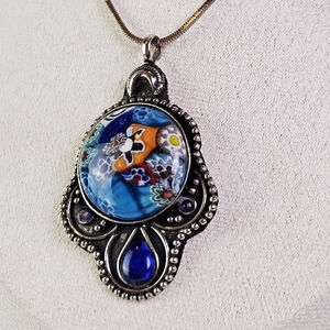 Handcrafted Tibetan Art Glass Pendant Necklace with Ornate Silver Frame